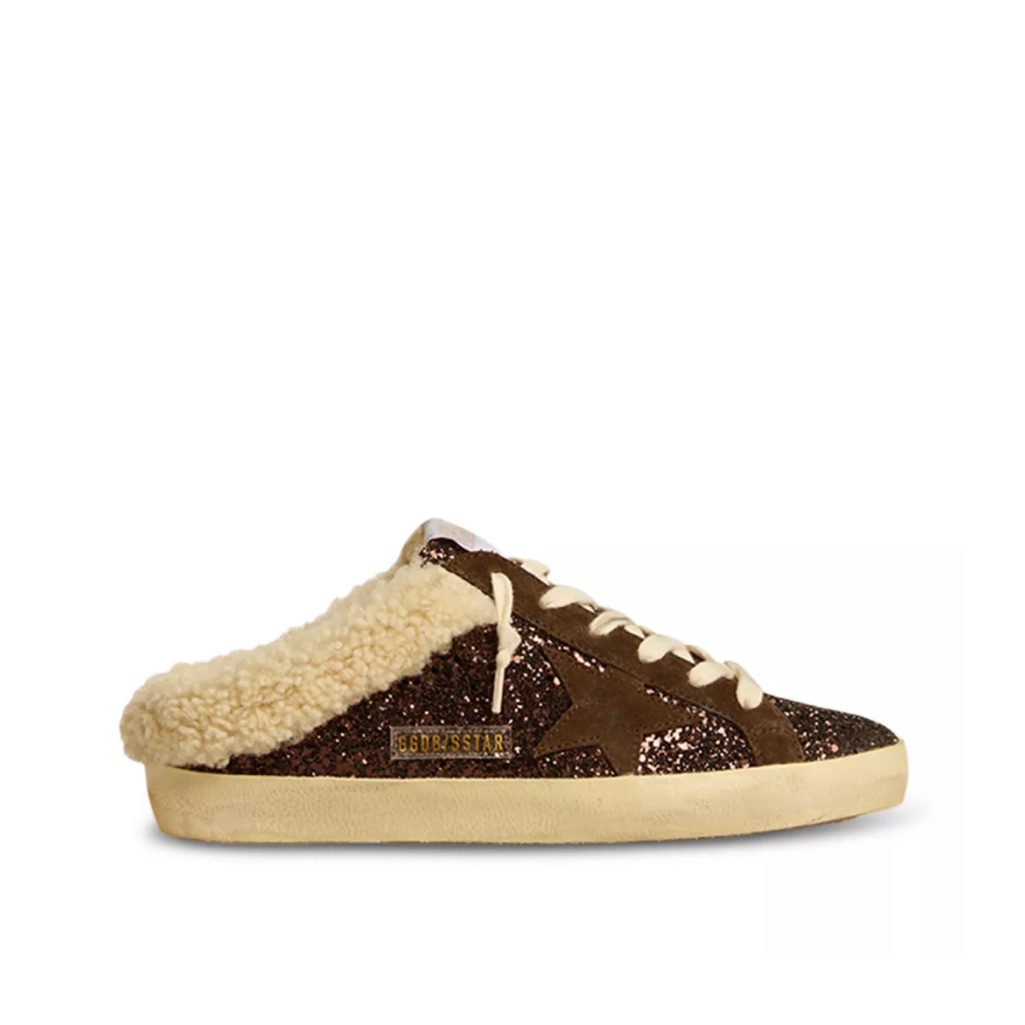 Golden Goose Brown Glitter Shearling-Trim Sneakers